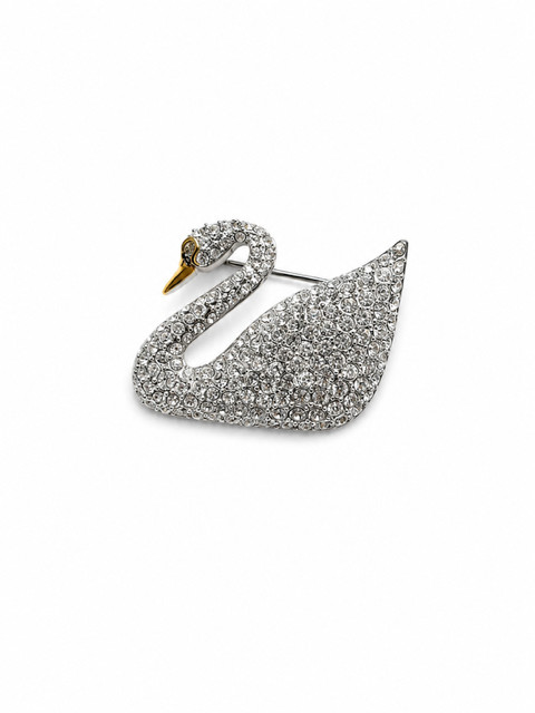 Swarovski Crystal Swan Brooch Pin Silver Tone Clear Crystals Gold Beak Signed