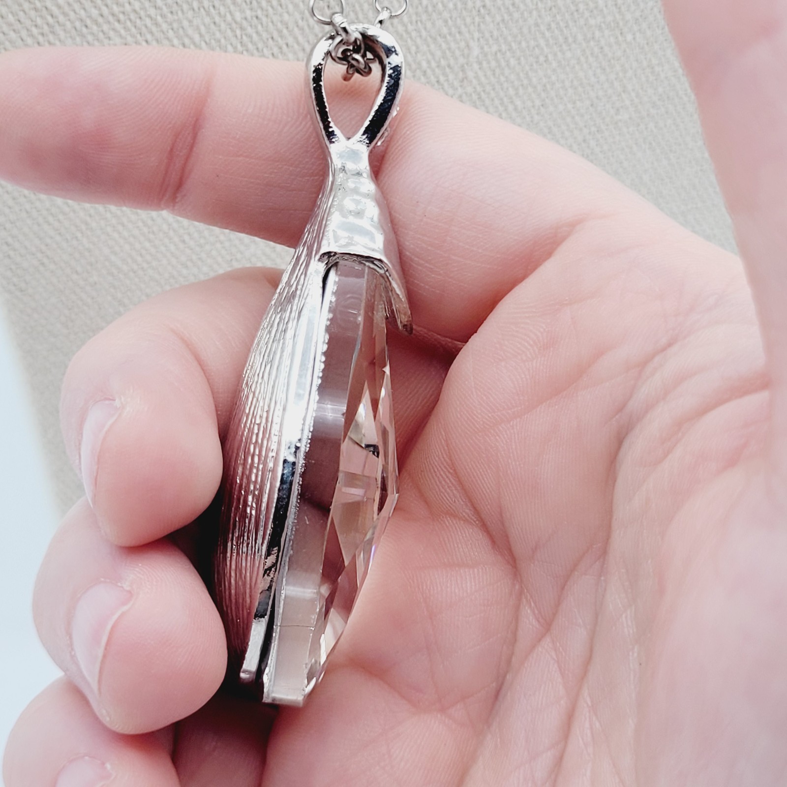 Clear Crystal Teardrop Pendant Necklace Silver Tone Stackable Adjustable 40″