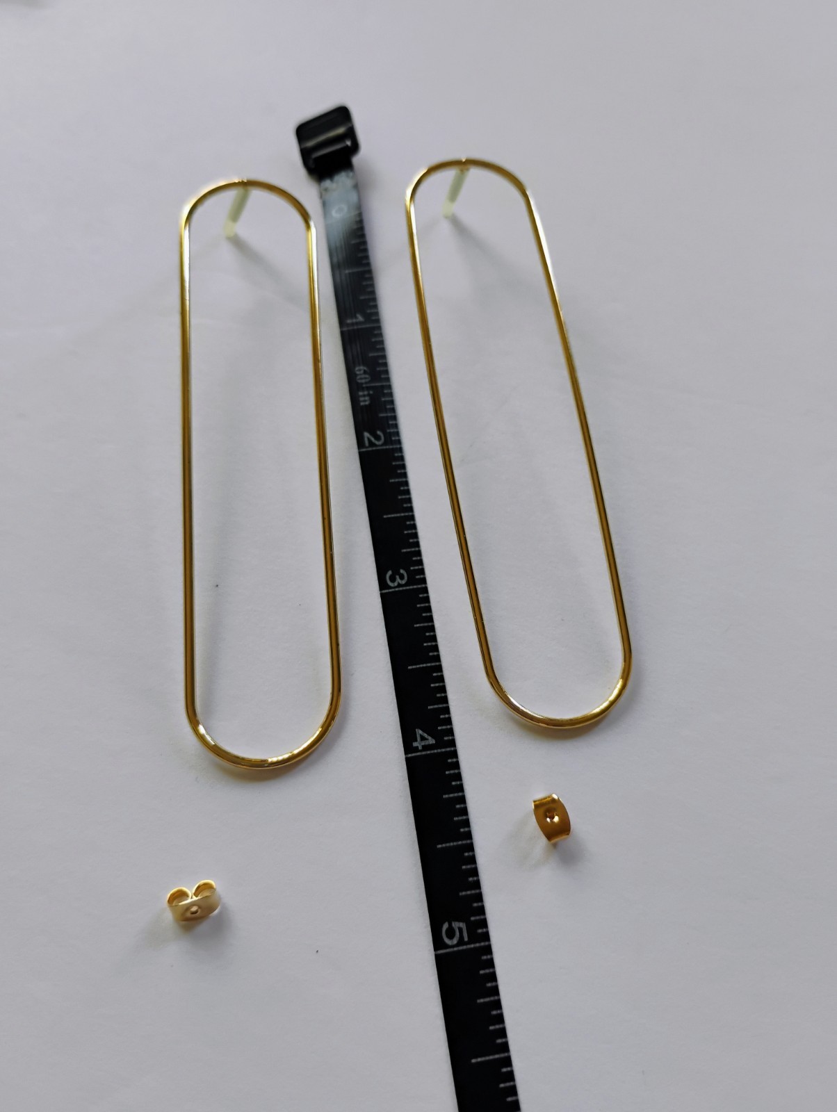 Gold Tone Elongated Oval Dangle Drop Earrings Butterfly Back No Stone 4 in