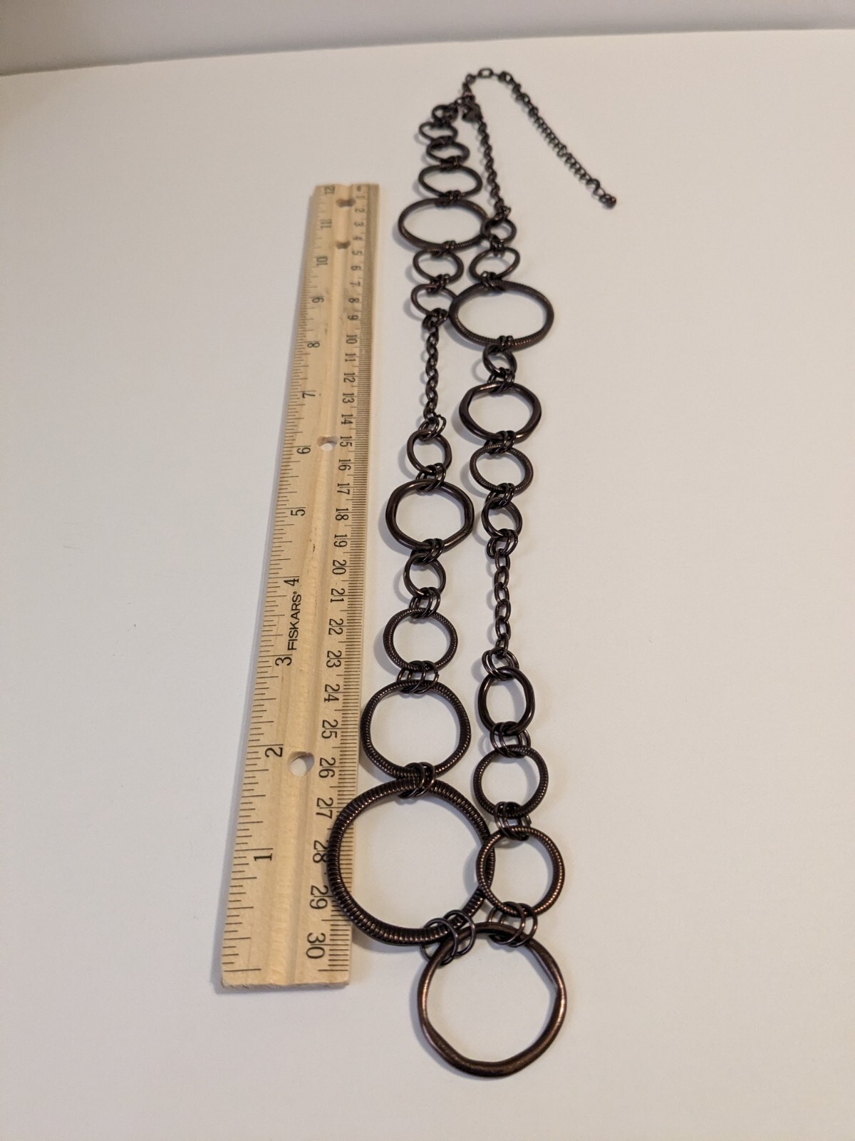 Lia Sophia Bronze Tone Textured Various Size Round Links Necklace. 30″. BOHO.