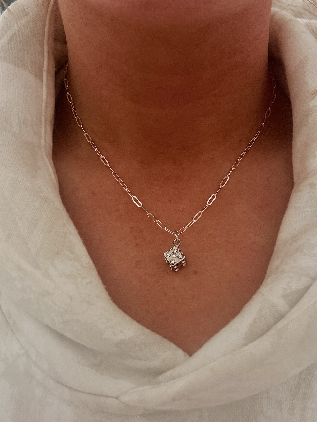 Women’s Silver Dice Necklace with Cubic Zirconia Stainless Steel