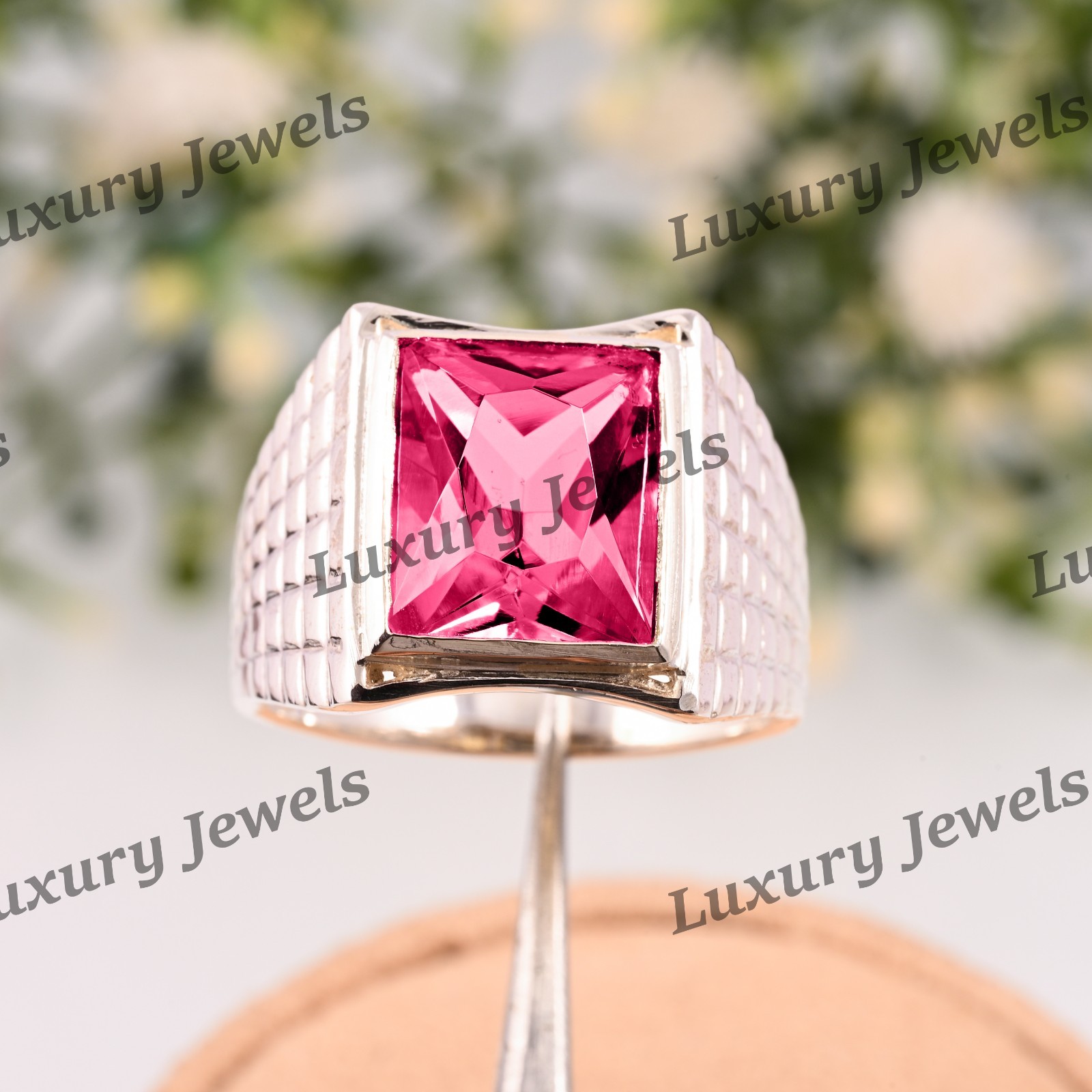 Pink Tourmaline Signet Ring for Men 925 Sterling Silver Handmade