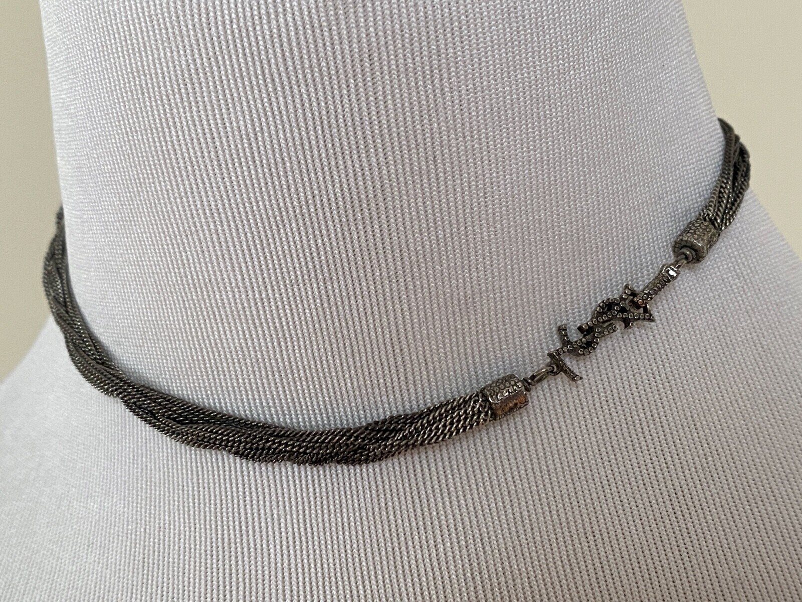 New Saint Laurent LouLou YSL Monogram Logo Silver Chain Choker Necklace $595