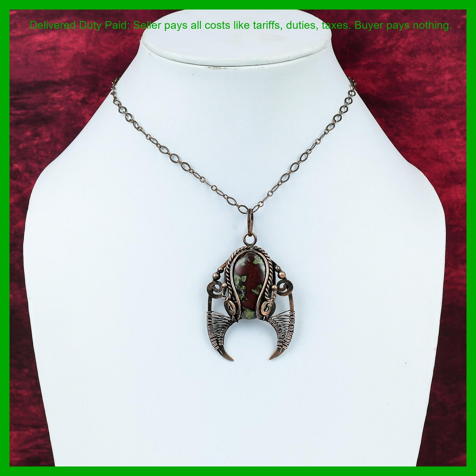 Copper Dragon Bloodstone Stone Unique Wire Wrapped Artisan Mother Gift Pendant