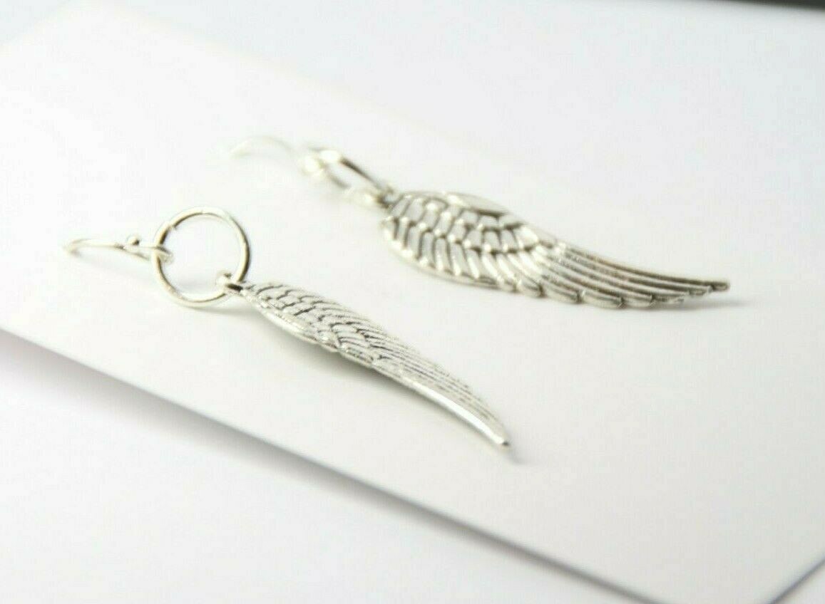 Feather Charm Earrings 925 sterling silver Hooks Angel Wings Pewter Charms
