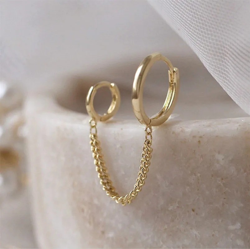 1PCS Punk Cool Two Hole Piercing Earrings Gold Silver Color Long Tassel Chain Dr