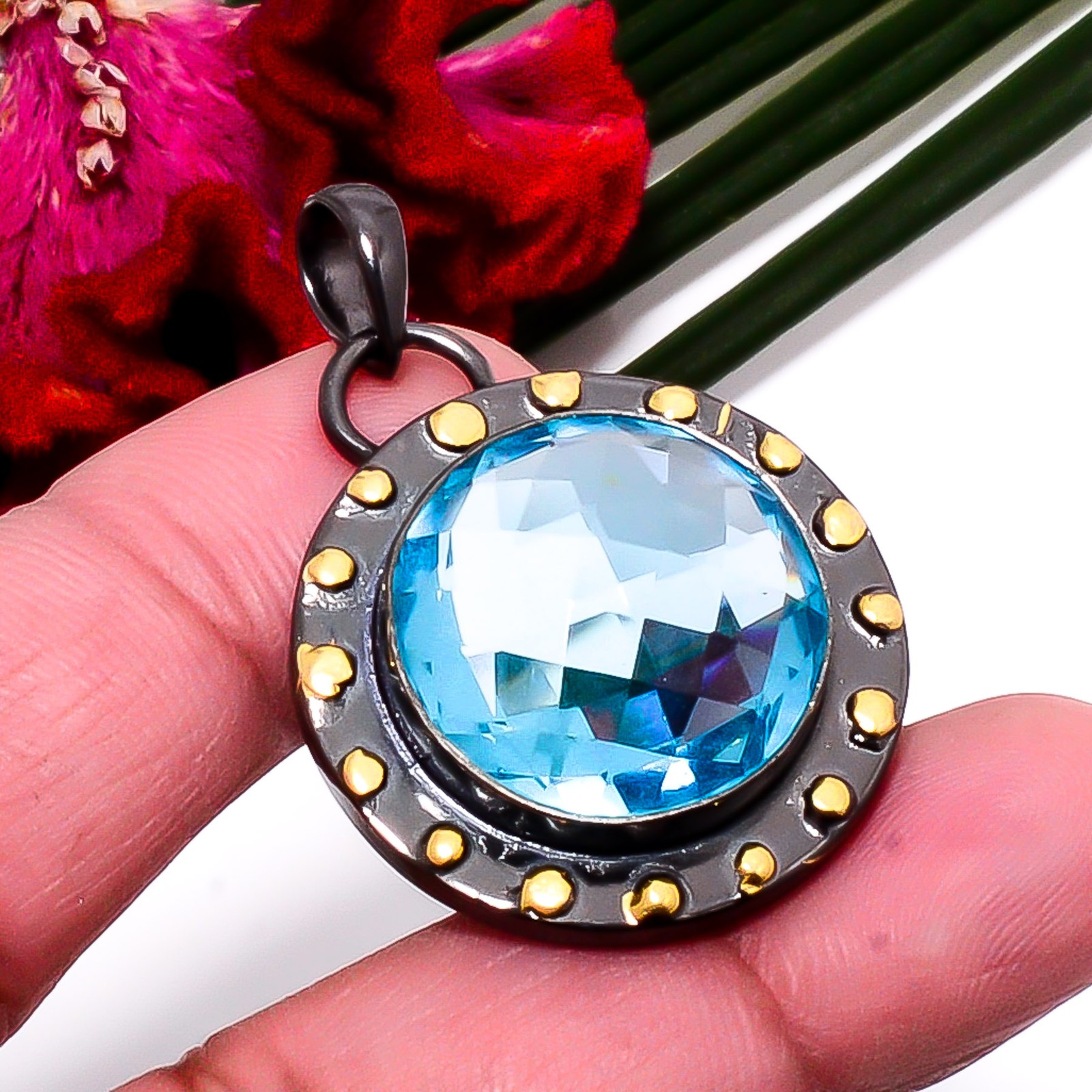 Blue Topaz Black And Gold Plated Designer 925 Sterling Silver Pendant 1.64″ Su45