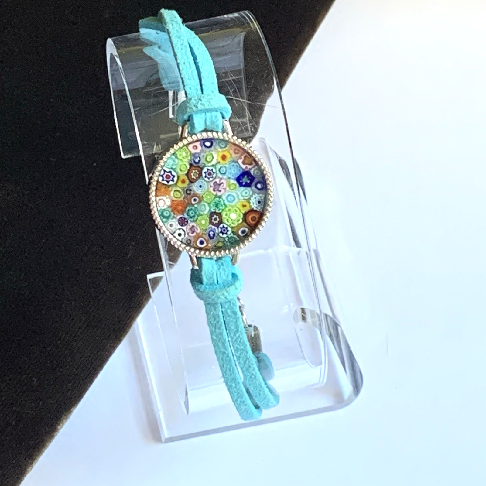 Murano Glass Millefiori Round Made in Italy 7-8 Inch on blue leather cord
