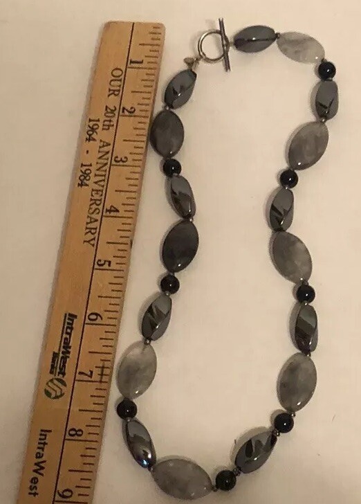 Donna Dressler Gray Black Necklace Smooth Stone Jewelry Sterling Silver 926