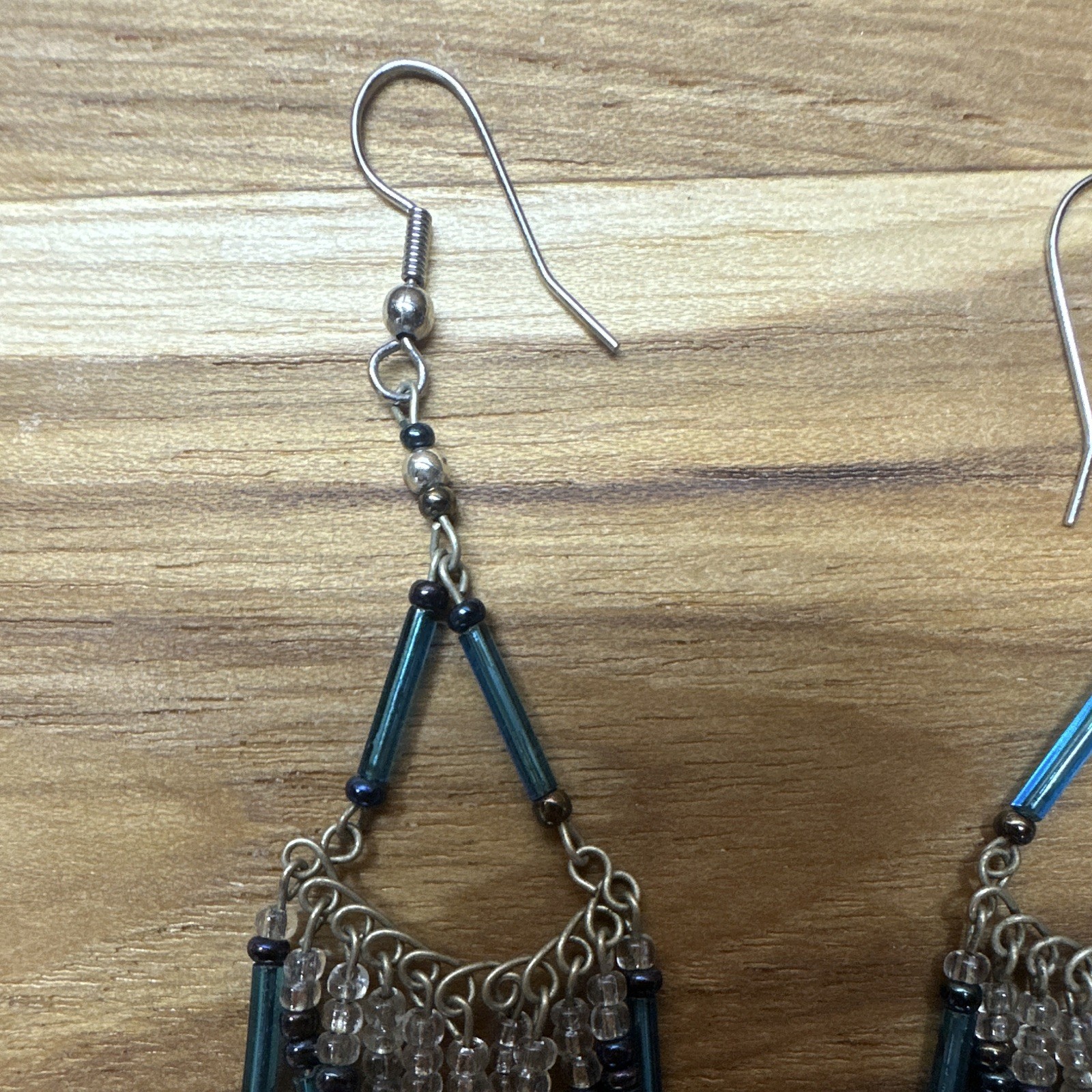 Handmade Blue Glass Tube Beaded Triangle Dangle Hook Earrings, Silver Tone