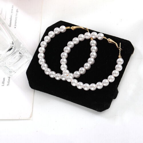 Pretty New Fashion Jewelry Yellow Gold Plated White Pearl 2″ Round Hoop Earrings