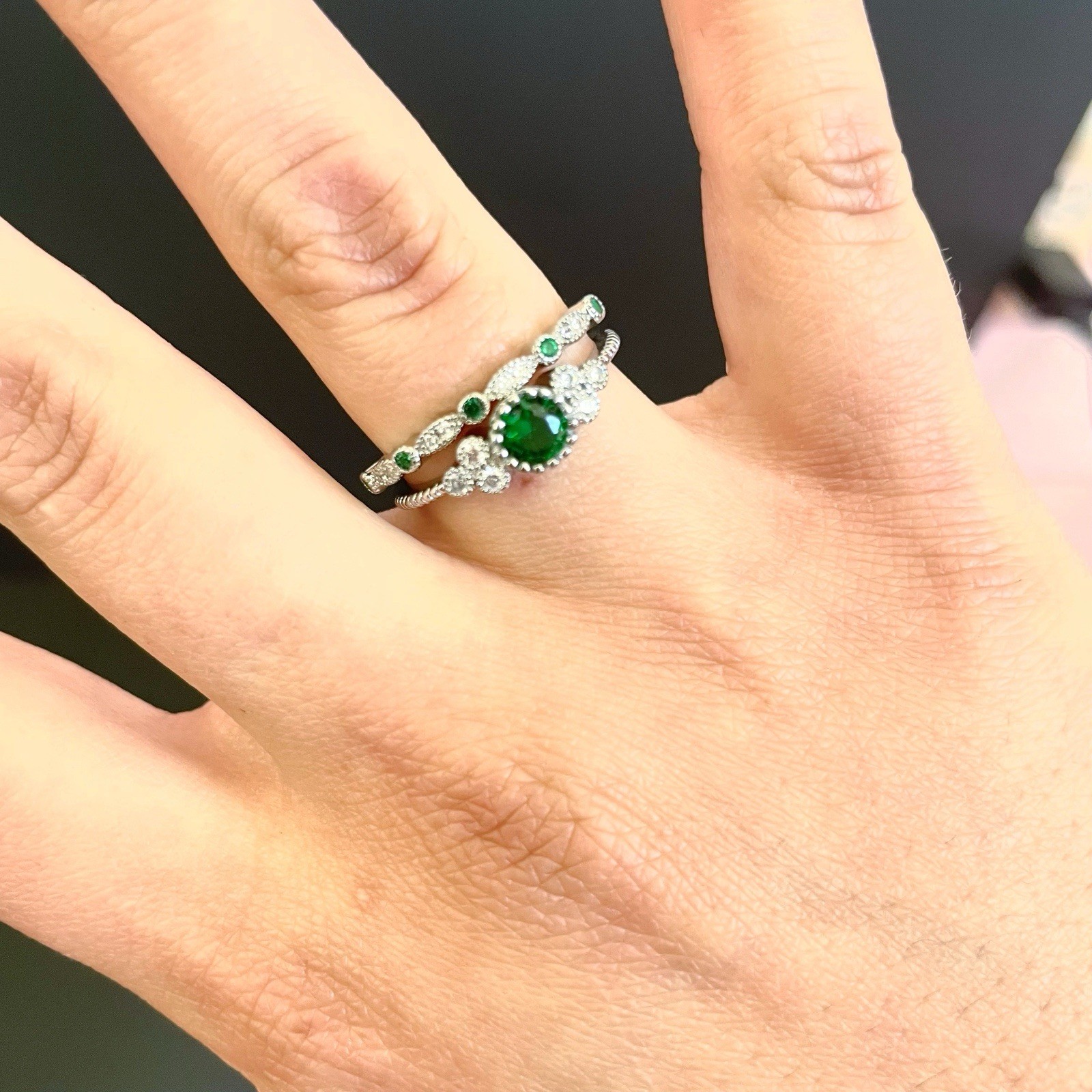 Sterling Silver 925 Ring Set Green Emerald Cubic Zirconia Size 9 Womens