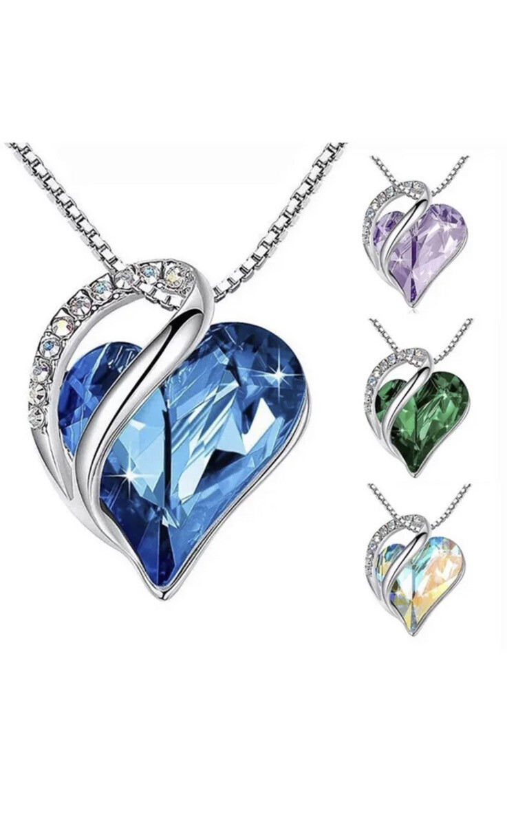 Women Birthstone Heart Silver Necklace Love Crystal Pendant Lady Fashion Gift