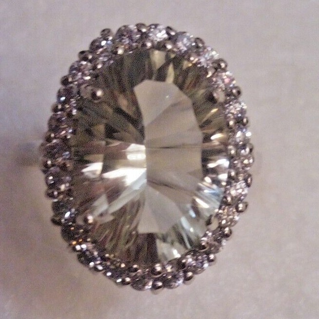 Green Amethyst and CZ Pave, Sterling Silver Ring