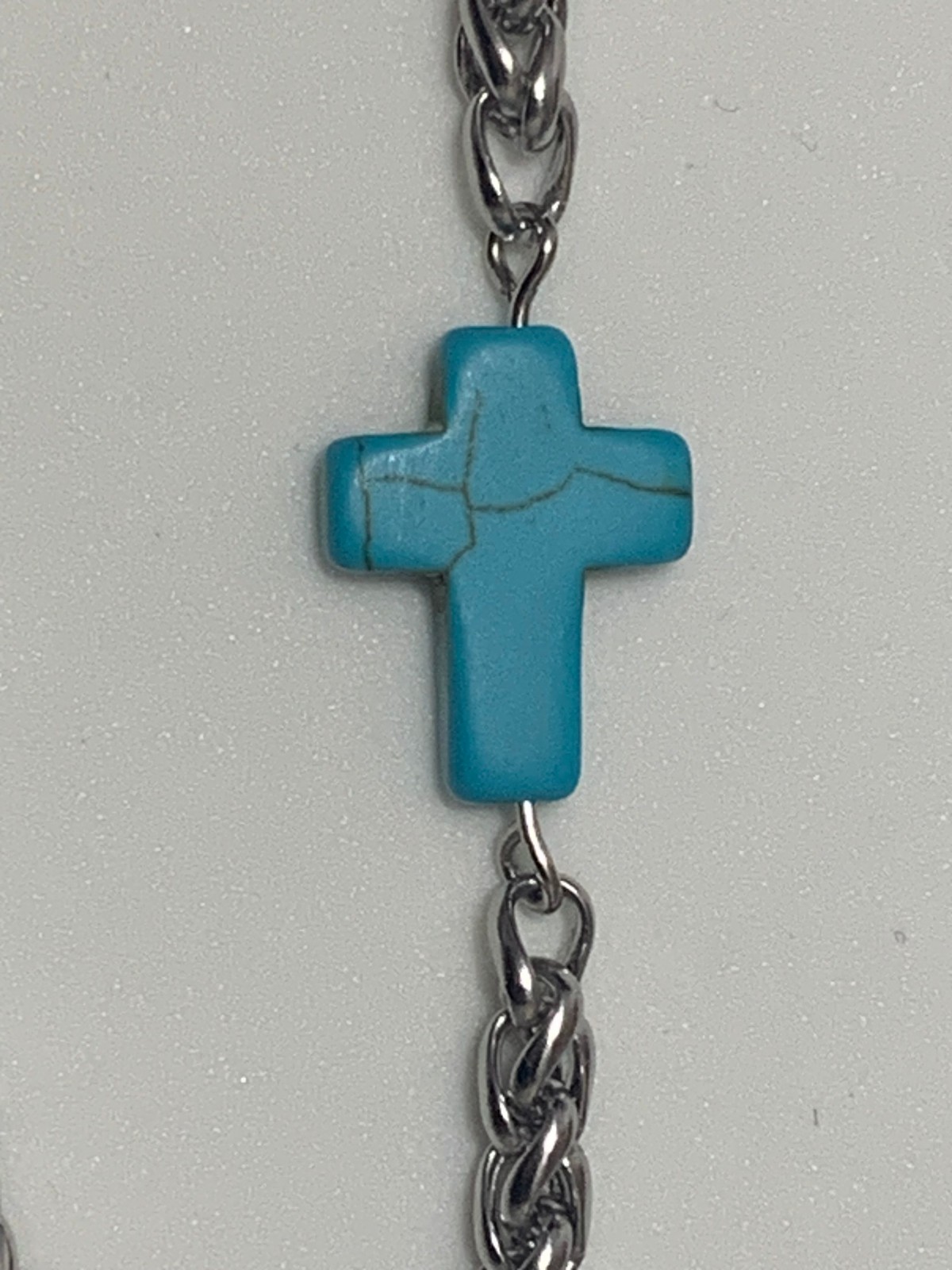 Turquoise Howlite Stone CROSS BRACELET Stainless Steel Spiga Wheat Chain 7-8 NEW