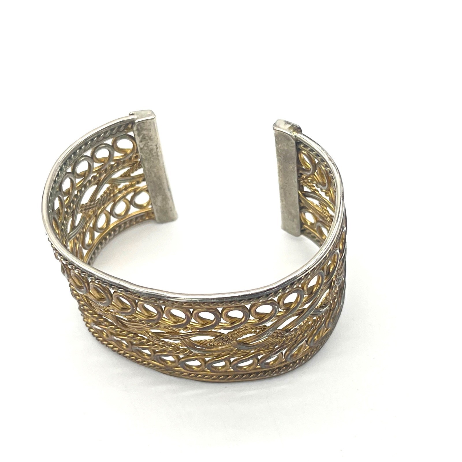 Mixed Metal Filigree Cuff Bracelet Two Tone Woven Braided Wide Statement Boho