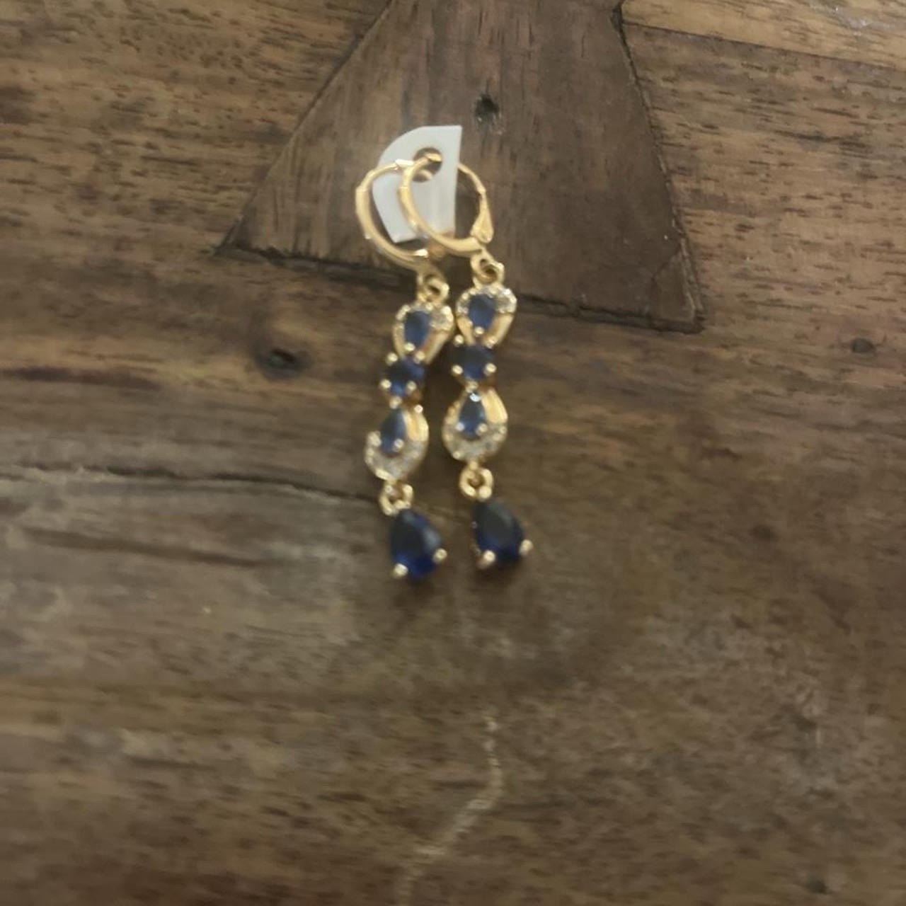 Gold Tone Blue Pear Teardrop Bezel Leverback Dangle Drop Earrings