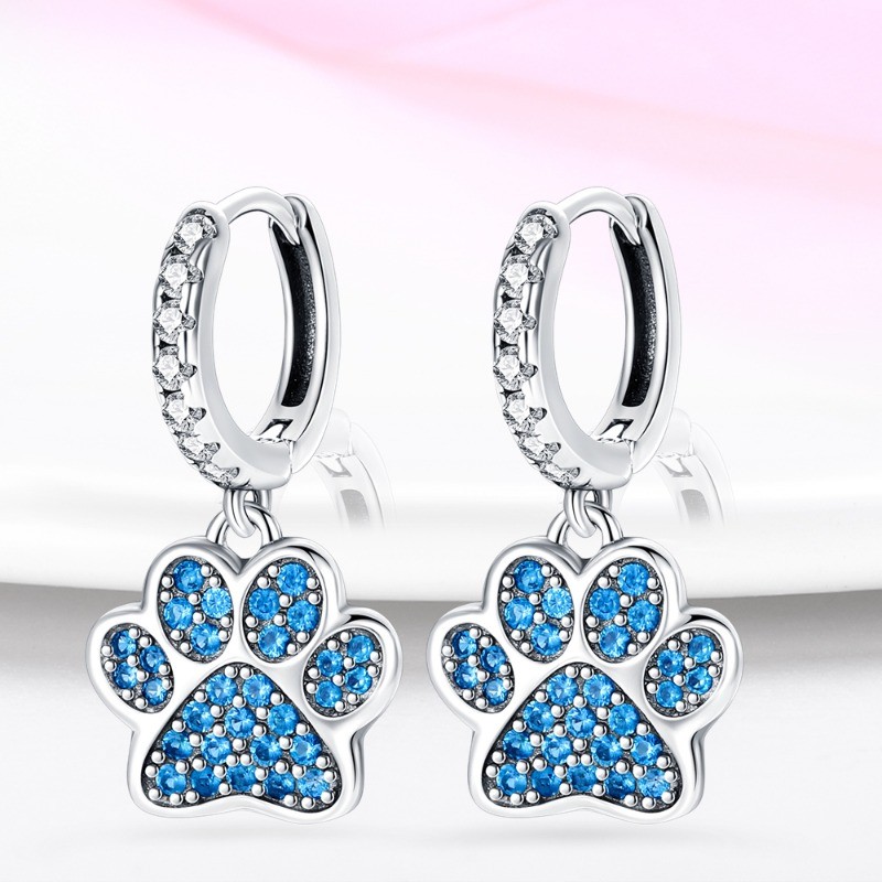 PANDACH 925 Sterling Silver Tiny Blue Dreamcatcher Paw Hoop Earrings For Women