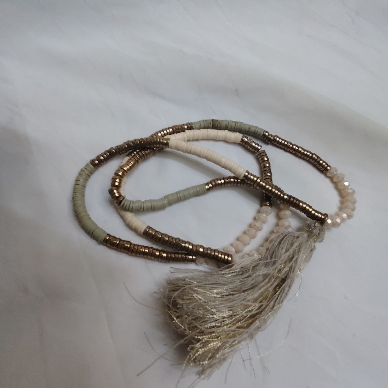 Vintage Boho Beaded Tassel Necklace Cream Gold Tone Fashion Jewelry