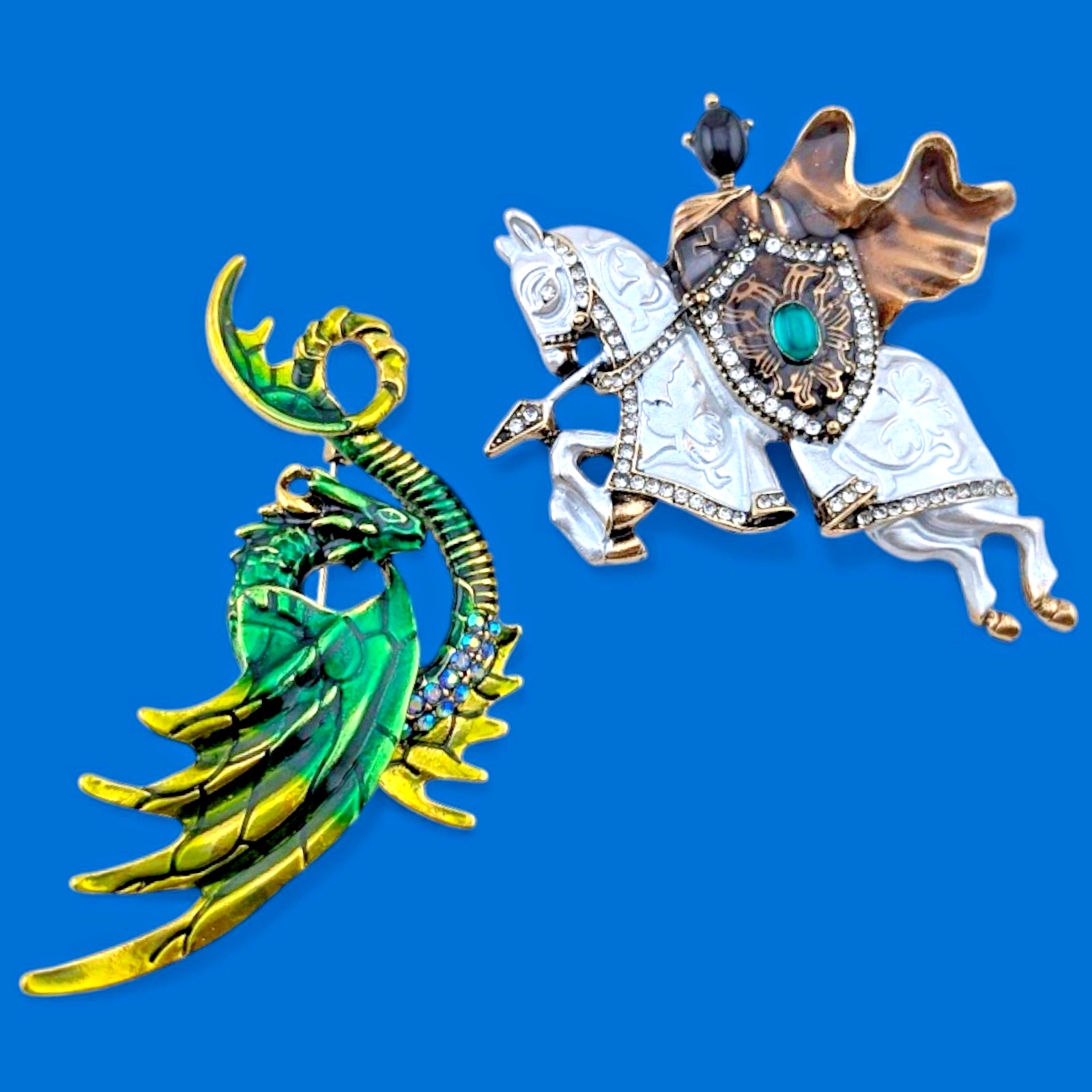 MEDIEVAL KNIGHT & DRAGON BROOCH lot horse wyvern fantasy fairytale pins B2
