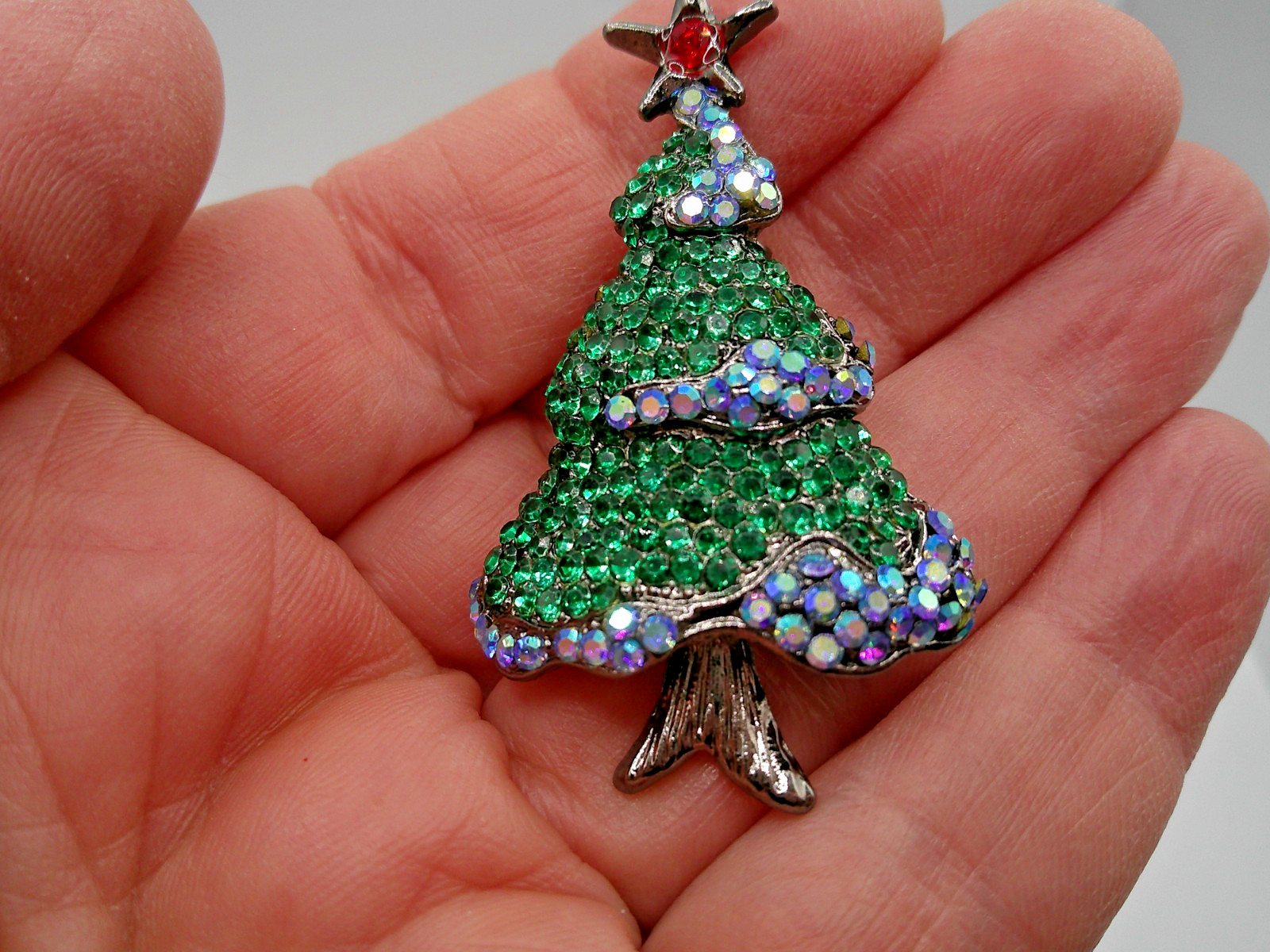 Green Blue Rhinestone Christmas Tree Brooch Holiday Pin ~ 1.75″ (SN18)