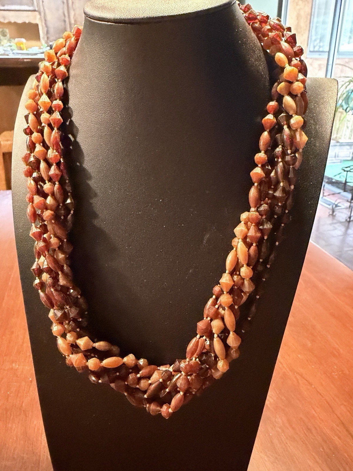 “Vintage Autumn Brown Multi-Strand Torsade Necklace Faceted Bicone & Barrel