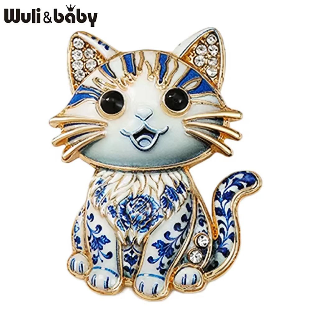 Blue Sitting Cat Flower Brooch Gold Rhinestone Kitten Pin Floral Jewelry Gift