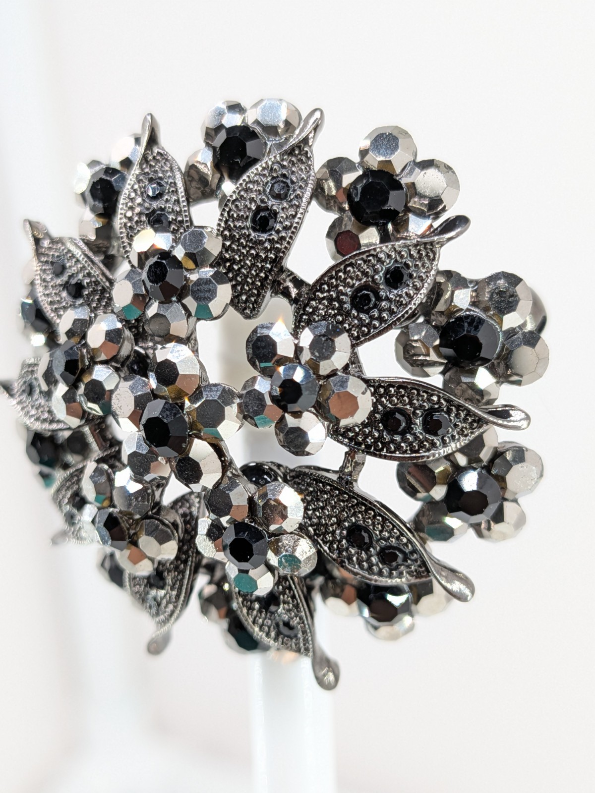 Vintage Gunmetal Rhinestone Flower Brooch Pin Hematite Crystal Dome 2in 30g
