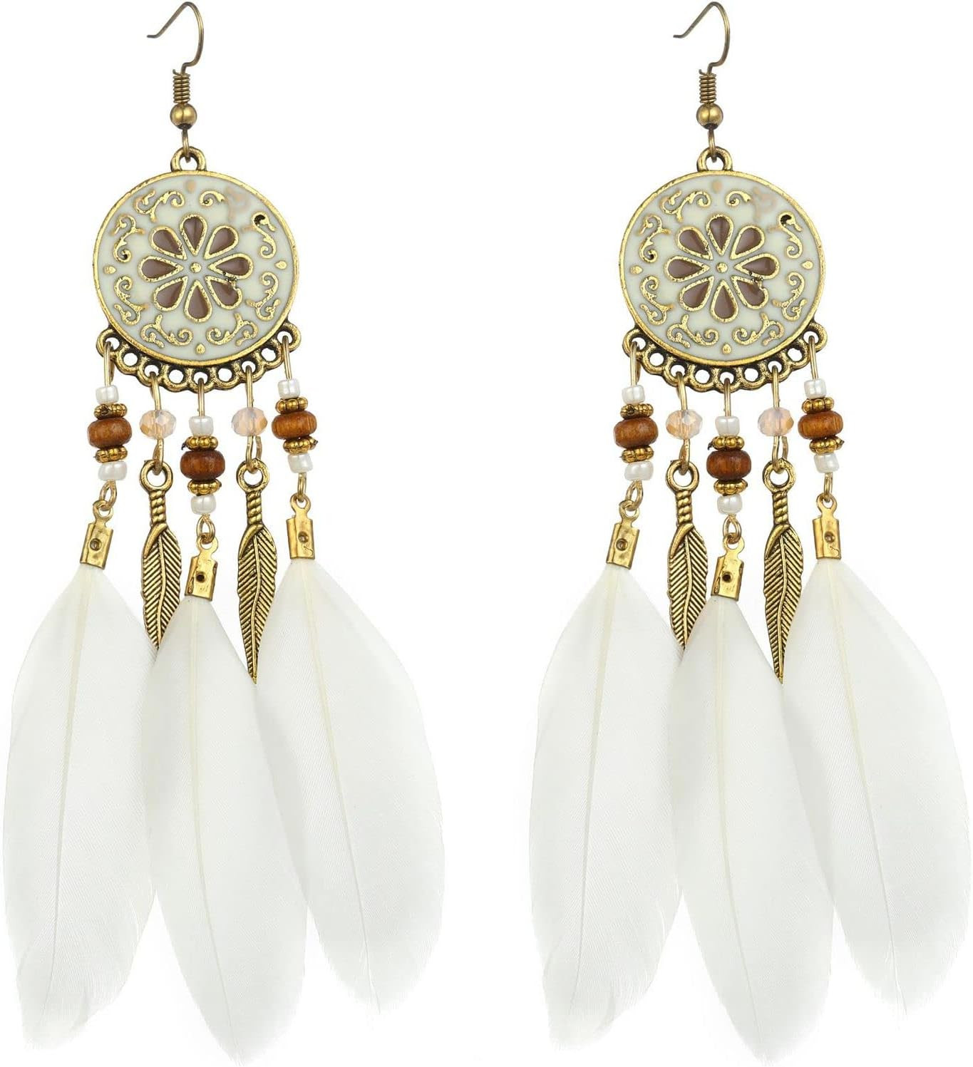 Boho Long Feather Drop Dangle Earrings for Women Retro Bohemian Ethnic Fringe Mu