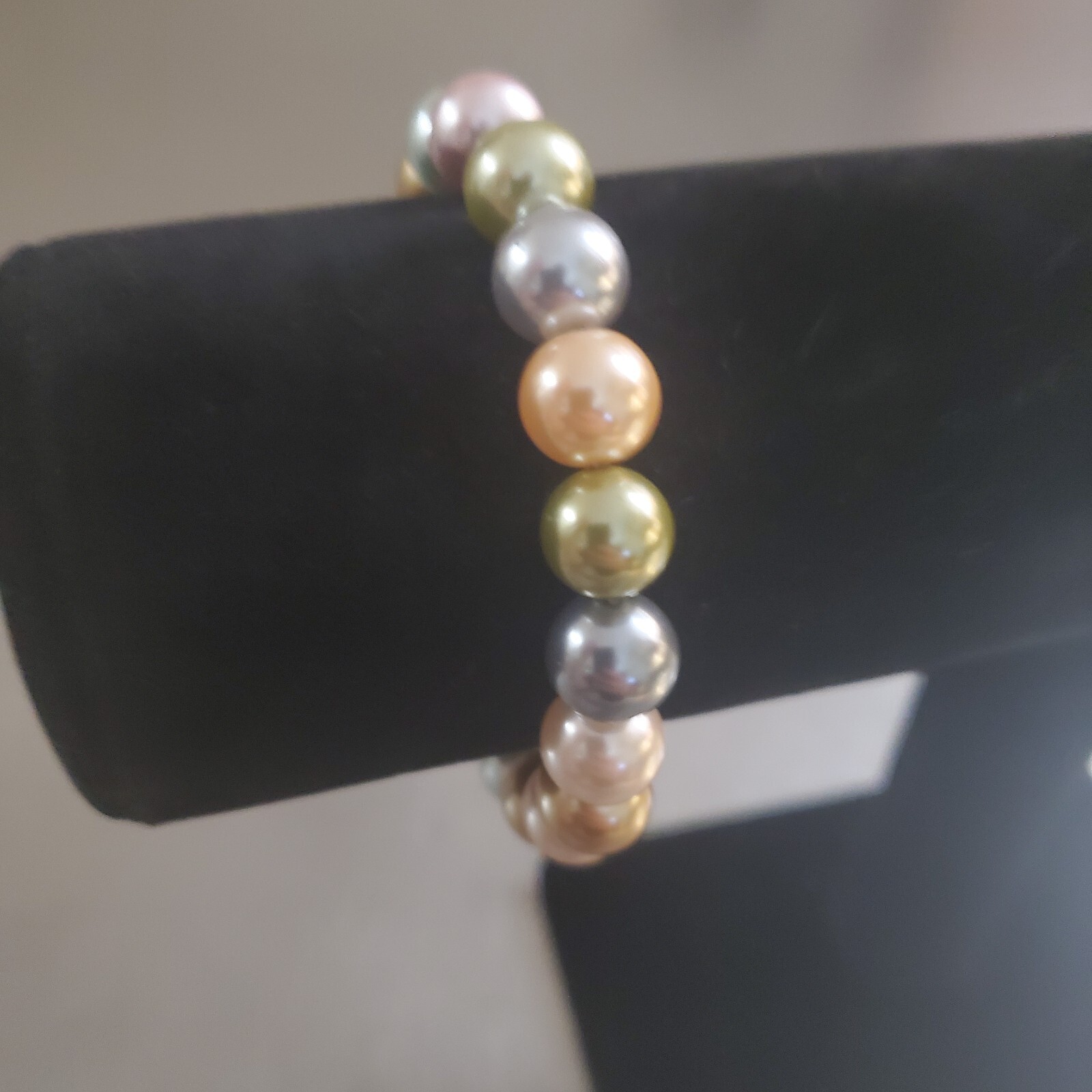 Vintage Bracelet Faux Pearl Multicolor Beaded Round Blue Green Pink Copper 6.75″