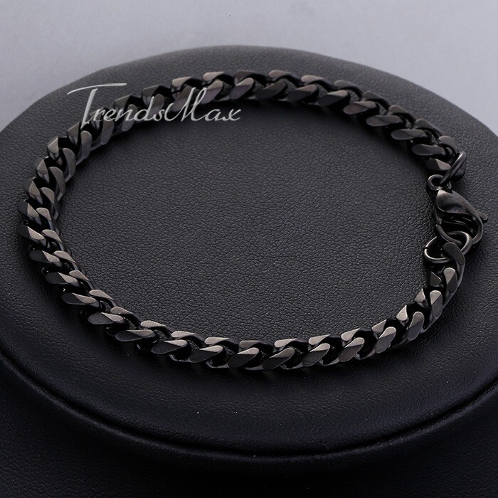 7mm Black Color Stainless Steel Curb Cuban CHAIN Necklace Bracelet Jewelry Set