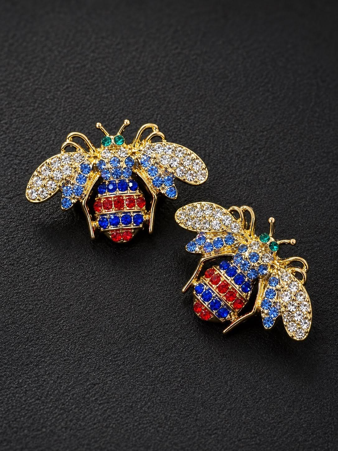GOLD TONE BEE EARRINGS WITH YELLOW BLACK RED BLUE PURPLE TURQUOISE CRYSTALS POST