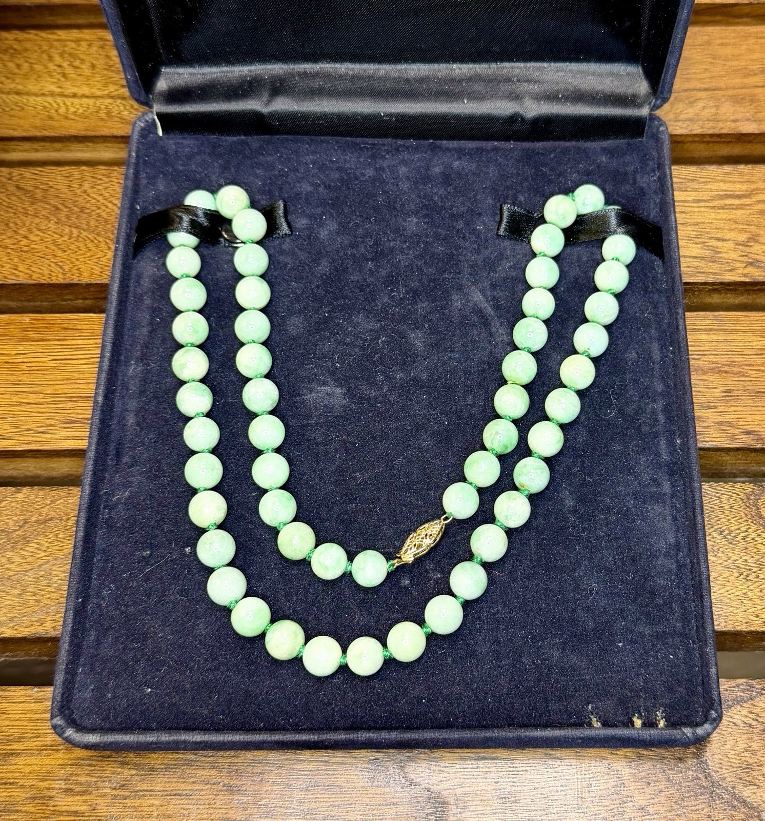 22in Natural Green Jade Round Beaded Necklace, 14k Solid Gold Filigree Clasp