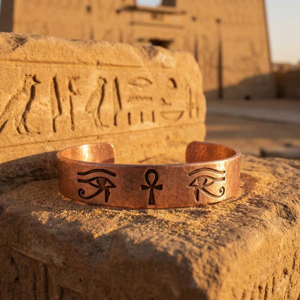 Pure Copper Spiritual Ankh & Eye of Horus Cuff – Handmade Boho Gift