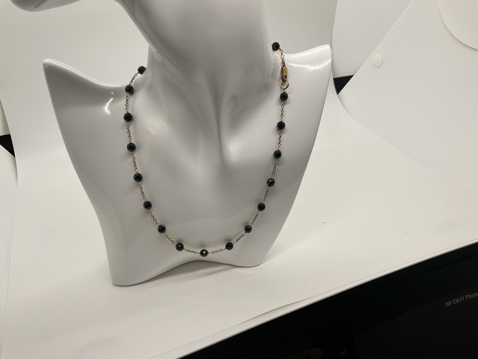 Gold-Tone Cable Chain Necklace Black Round Beads Lobster Clasp