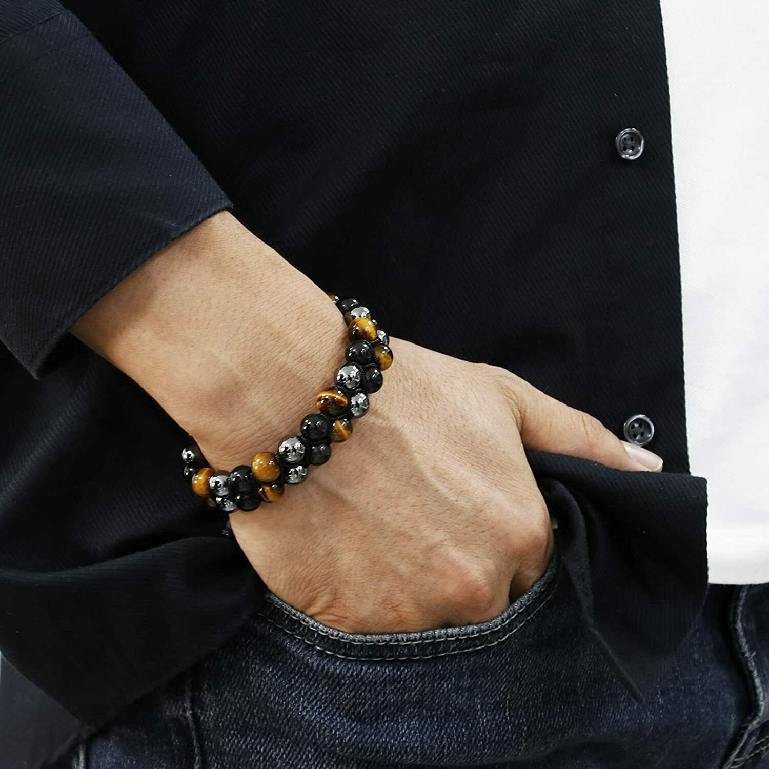 Men 8mm Beads Bracelet Triple Protection Black Obsidian Hematite Bracelet
