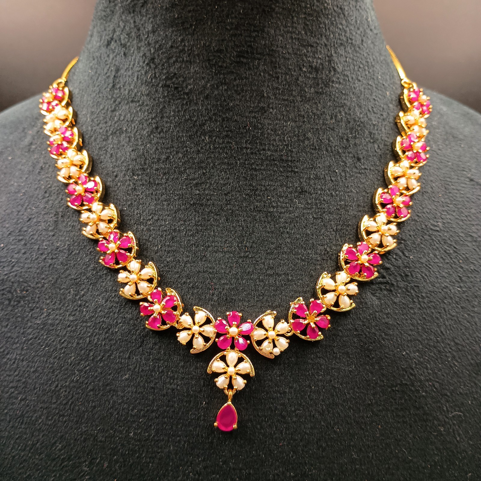Traditional 22K Gold Plated Floral Ruby Pearl Necklace Set Statement Jewelry