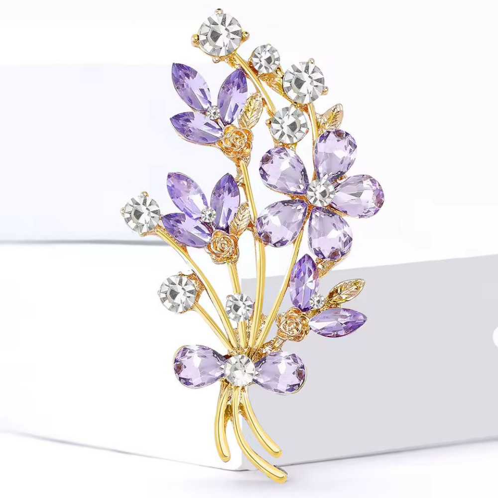 Vintage Style Rhinestone Flower Bouquet Brooch Gold Crystal Pin Floral Jewelry G