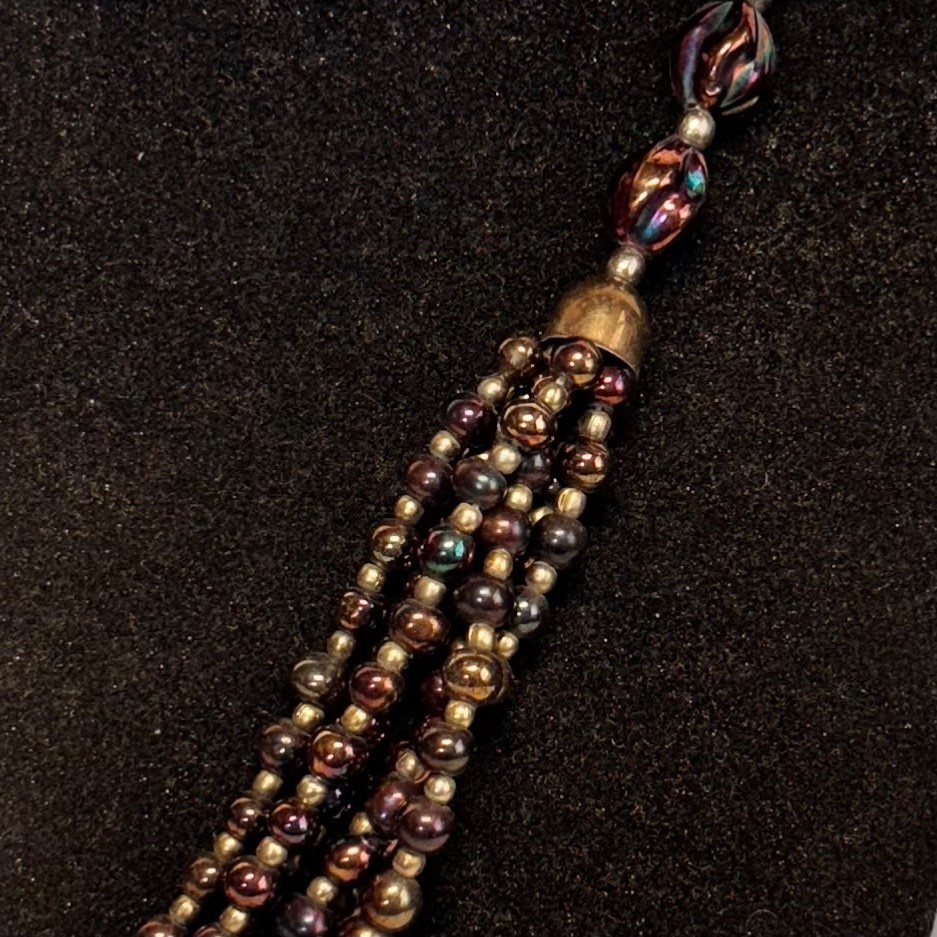 NECKLACE iridescent bronzetone glass beads brasstone metal bead 6 strand 22 1/2″