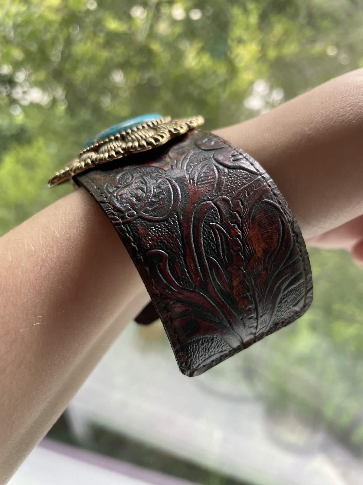 Barse Thailand, turquoise leather womens bracelet vintage gold tone