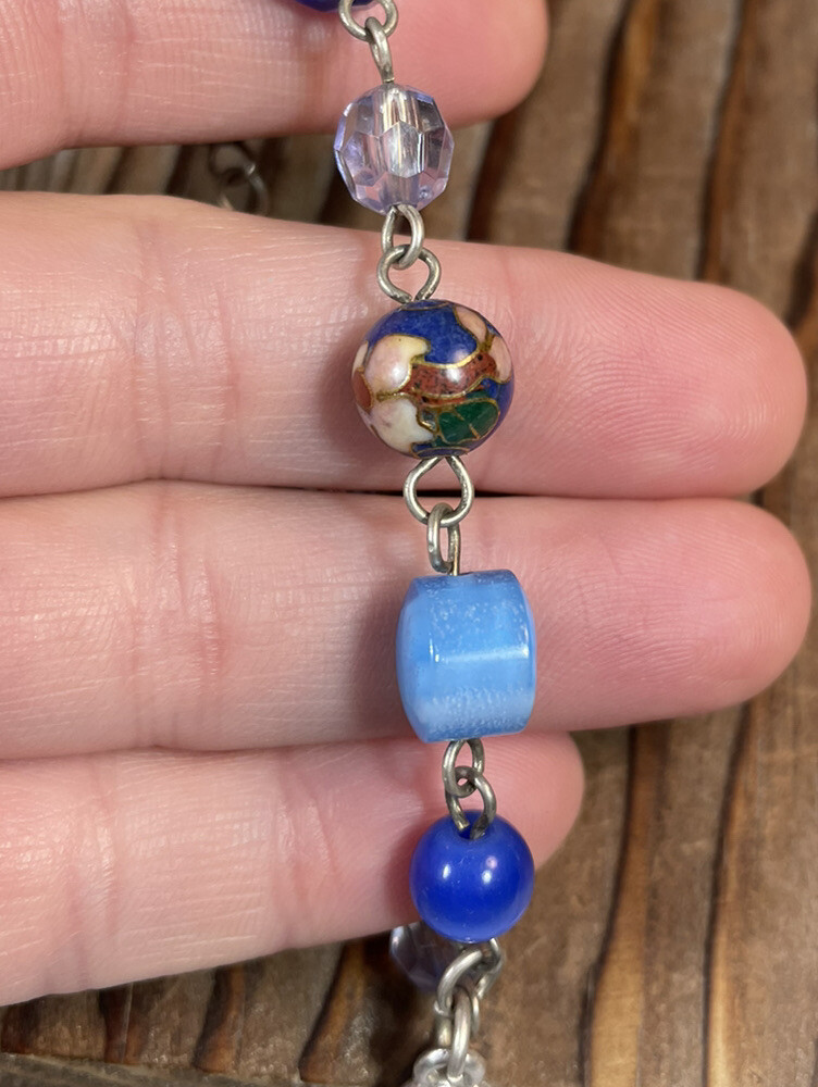 Handmade beaded bracelet cloisonne ceramic glass toggle silver tone 8” blue whit