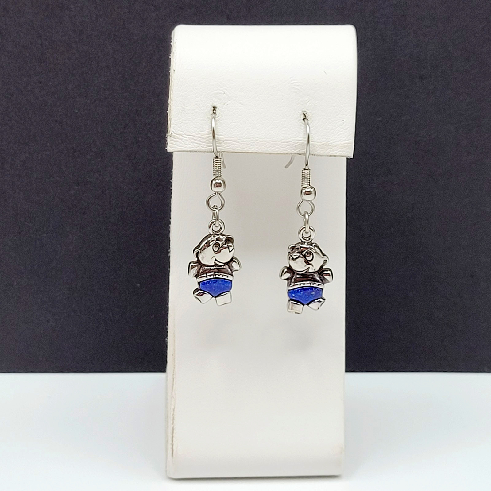 SW Waldeck Johnson Teddy Bear Lapis Lazuli Silver Tone Pierced Hook Earrings