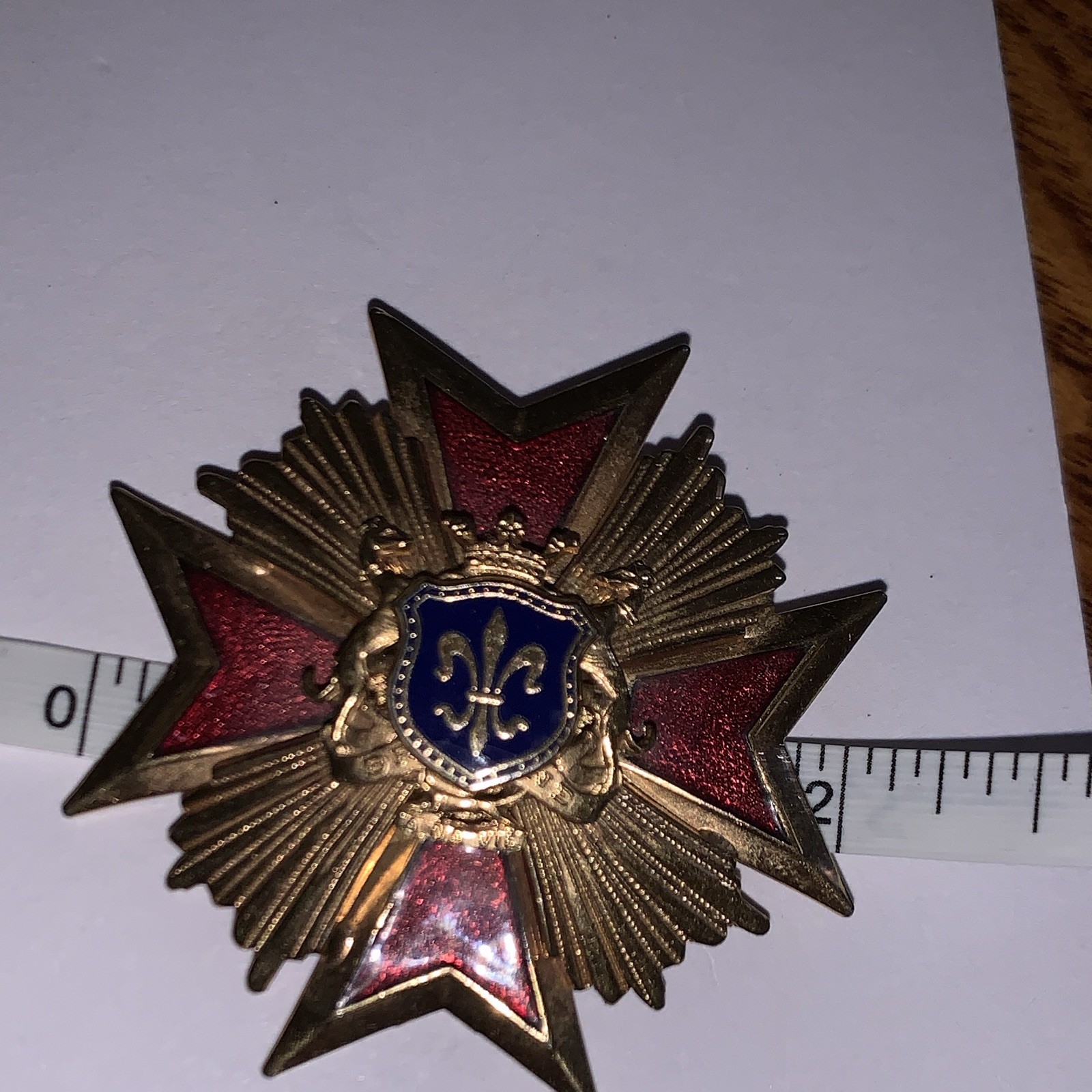 Gold Tone Heraldic Cross Brooch Pin, Red & Blue Enamelled Shield Center