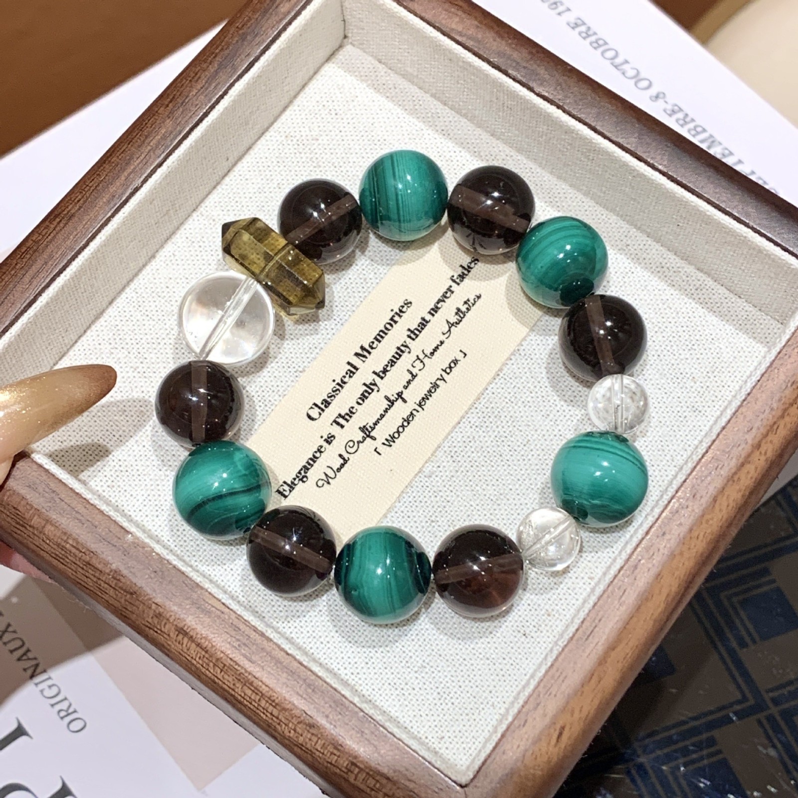 Natural Smoky Quartz Clear Crystal Malachite 12-14mm Stretch Bracelet Gift