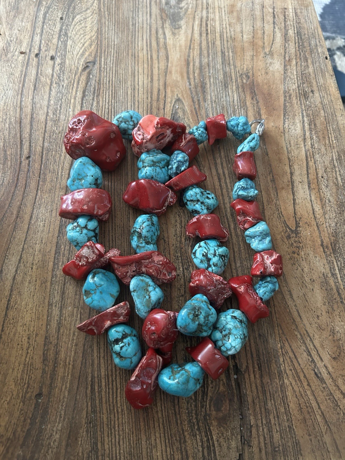 Turquoise & Coral Nugget Stone Beaded Statement Necklace, Lobster Closure
