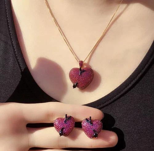18K Gold Plated Lab Pink Sapphire Heart Pendant Necklace Earrings Valentine Gift