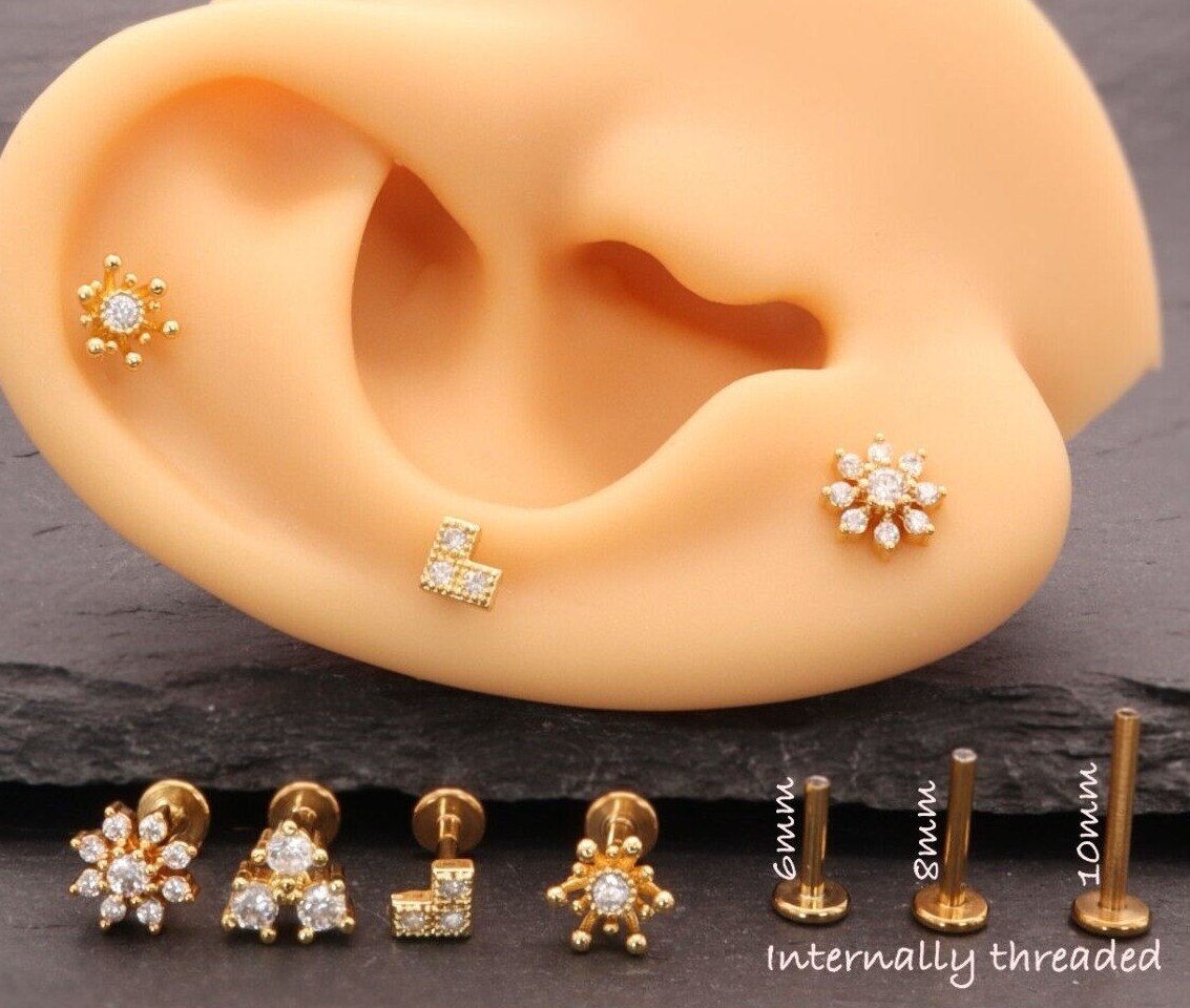 Internal Threaded Flat Labret Back Cartilage Helix Lobe Tragus Conch Earring UK