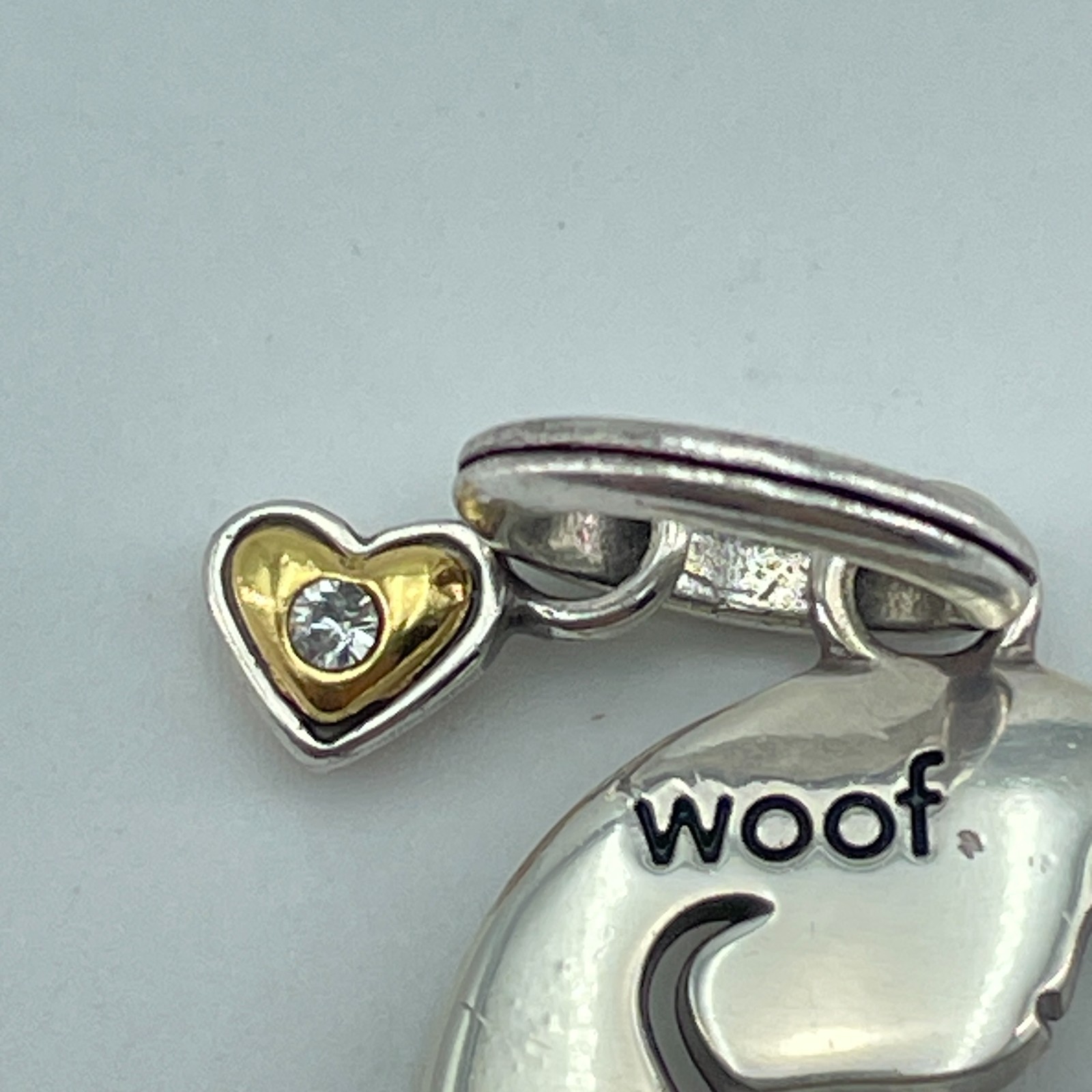 BRIGHTON Dog Charm Pendant Womens Silver Plated Woof Heart Rhinestone 1in NEW