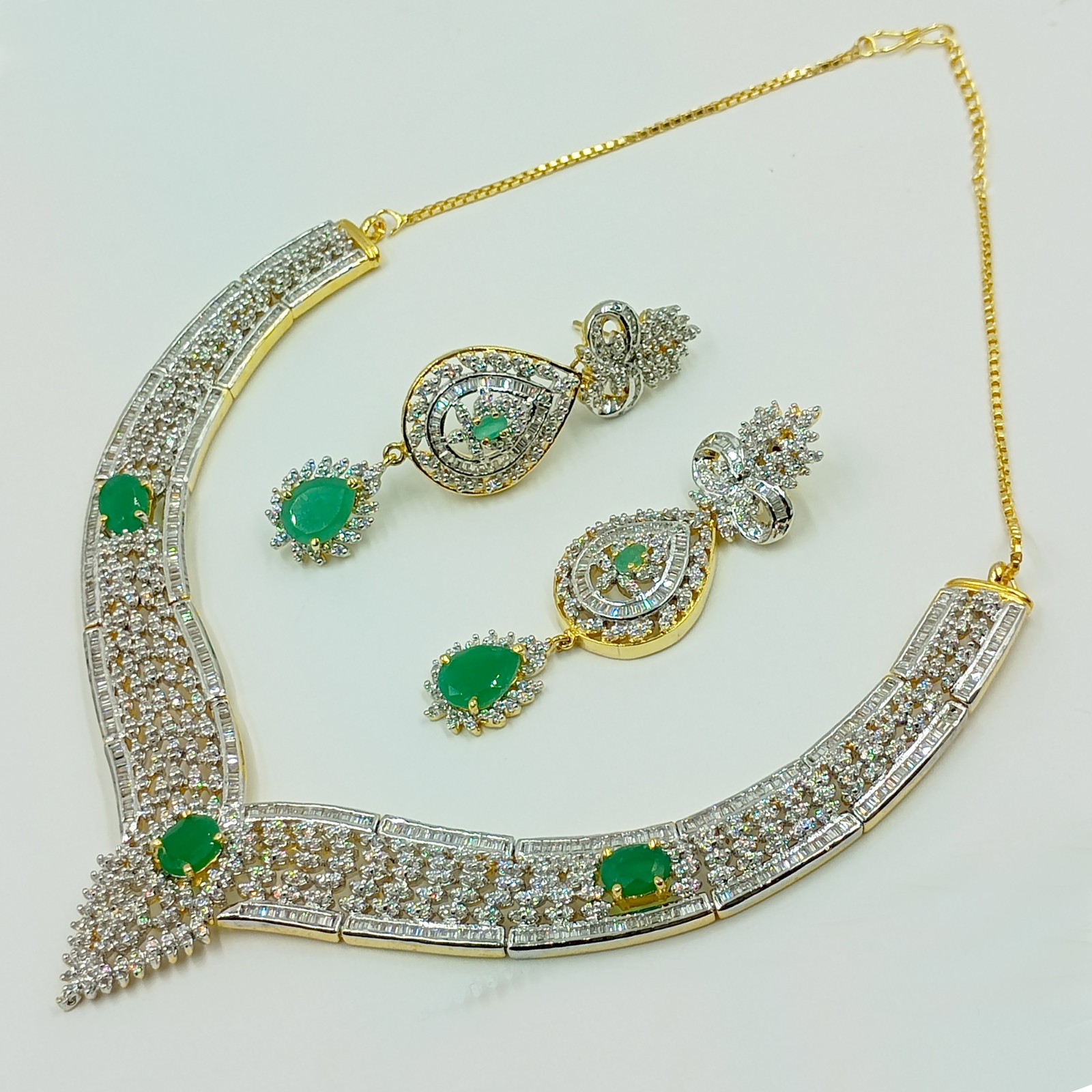 Emerald CZ Diamond Choker Necklace Set 22k Gold Plated South Indian Handmade