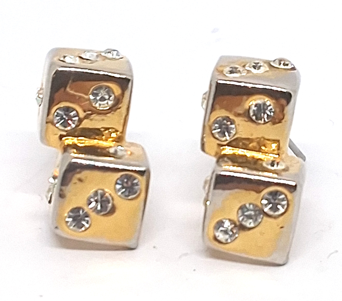 Vintage Gold Tone and Rhinestone Double Dice Post Pierced Earrings